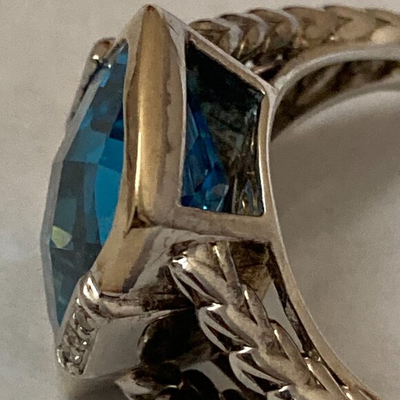 Sterling Silver 14K Yellow Gold Blue Topaz Diamond Ring Size 7 1/2 - Picture 7 of 8